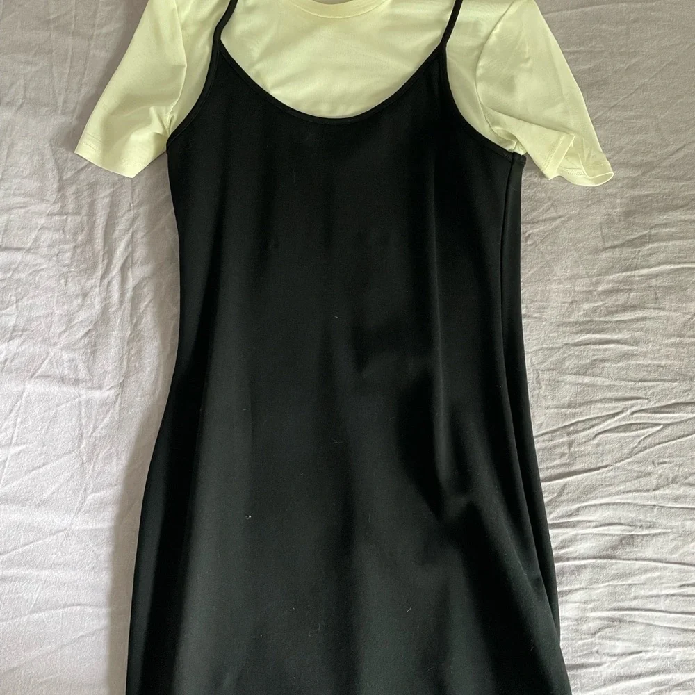 STAUD Black Slip Dress Over Cream Tee Layer - Picture 1 of 3